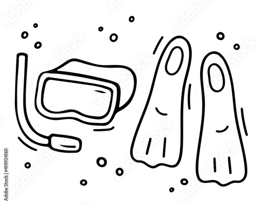 Hand drawn mask and flippers in doodle style. Mask and snorkel for swim in pool. Summer holiday equipment for swim in ocean, sea. Vector sketch illustration. Black lines isolated on white background.