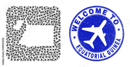 Vector collage Equatorial Guinea map of sky jet elements and grunge Welcome badge. Collage geographic Equatorial Guinea map created as stencil from rounded square using air jorneys.