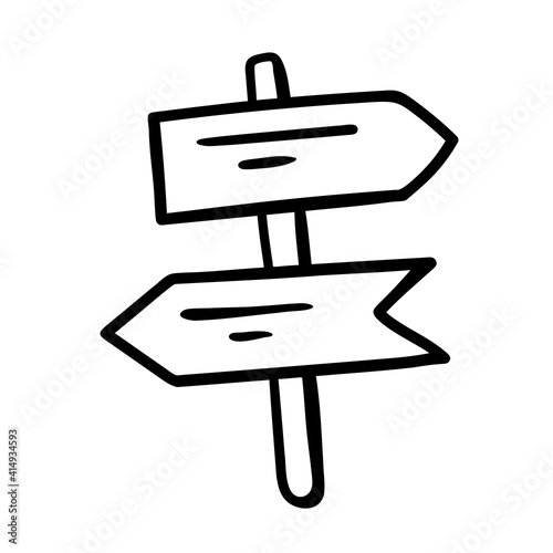 Vector wooden signs in doodle style. Direction pointer symbol. Hand drawn sketch of signs. Illustration of road or touristic board arrow. Black outlines isolated on a white background.