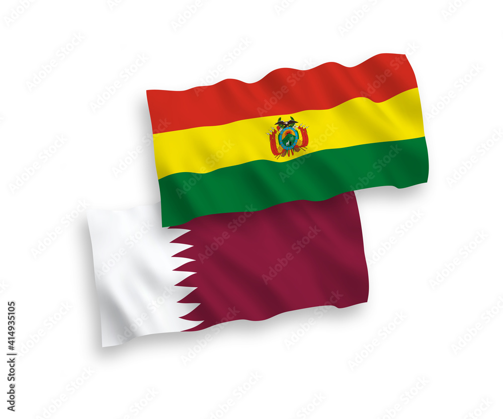 National vector fabric wave flags of Bolivia and Qatar isolated on white background. 1 to 2 proportion. National vector fabric wave flags of Bolivia and Qatar isolated on white background. 1 to 2 proportion.