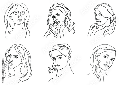 Silhouettes of a girl's head in a modern one line style. Continuous line drawing, aesthetic outline for home decor, posters, wall art, stickers, logo. Vector illustration.