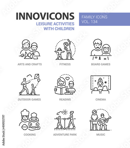 Leisure activities for children - line design style icons set