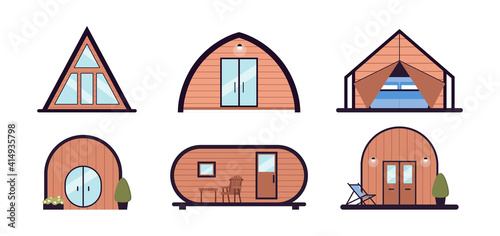 Collection of glamping houses. Summer country houses and a frame cottages, alpine chalet, camping, mountain house. Cartoon style, flat illustration. For websites, wallpapers, posters or banners