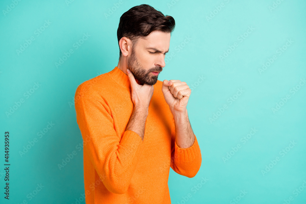 Profile side photo of young unhealthy man flu ill sick coughing