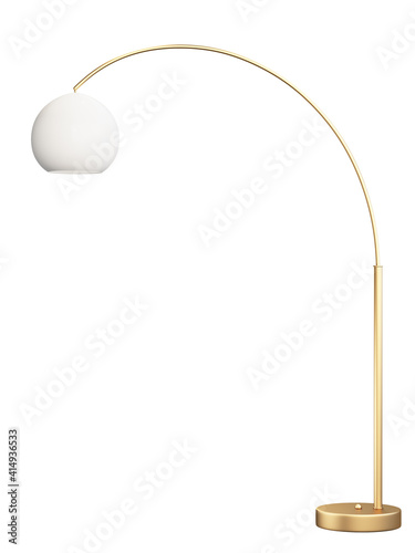 Modern brass metal floor lamp with white glazed glass bulb. 3d render