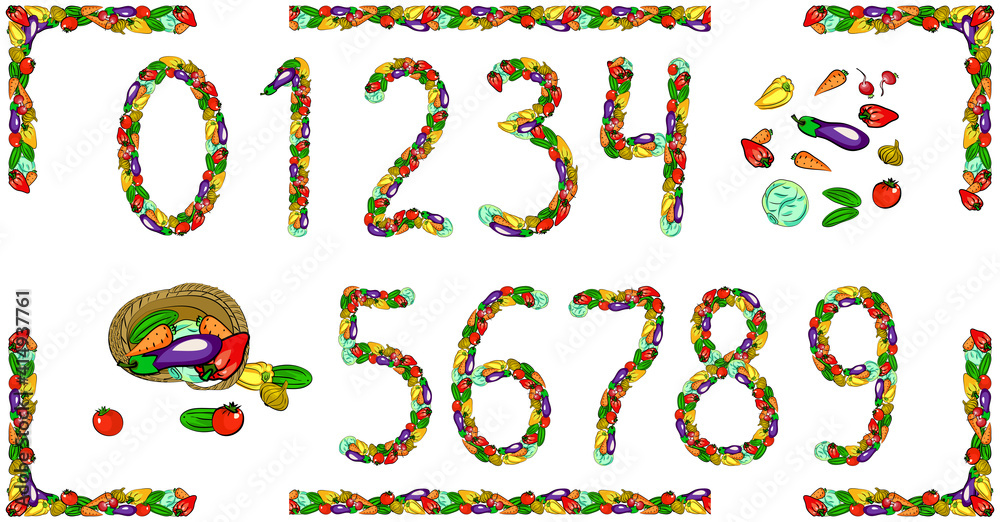 Obraz premium Set of vector digits, made of colorful vegetables. Design elements, frames, basket of vegetables.