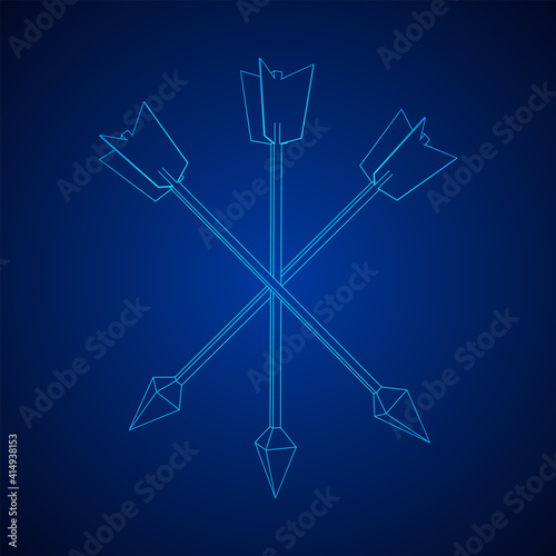 Medieval bow arrow. Wireframe low poly mesh vector illustration.