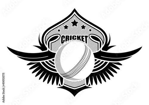 sport ball on background of stylized shield with wings. Cricket  sporting emblems. Tournament symbol. Vector