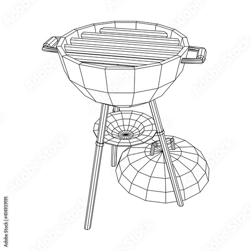 Round barbecue grill. Outdoor bbq party. Wireframe low poly mesh vector illustration