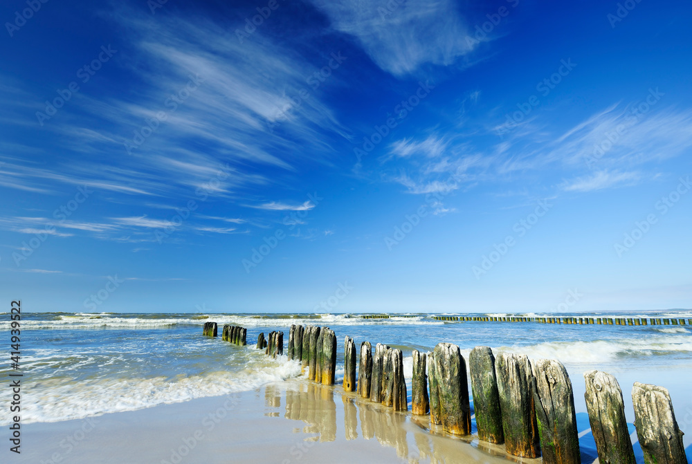 Sea landscape, row of wooden piles on a sandy beach