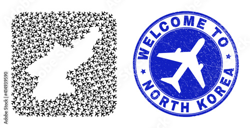 Vector collage North Korea map of transportation items and grunge Welcome seal. Mosaic geographic North Korea map constructed as subtraction from rounded square shape using air transport.