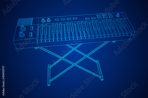 Piano roll analog synthesizer faders buttons knobs. Wireframe low poly mesh vector illustration.