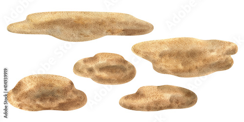 Brown sand. Watercolour illustrations of sand surfaces for creating decorative compositions. A set of pieces of earth for the design. Image isolated on a white background.