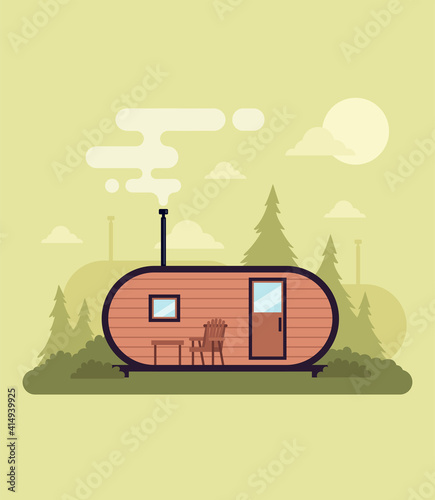 Postcard with a summer house in the forest. Smoke from the chimney, deer, spruce. Weekend in the country. Vacation home. Insulation. Summer poster