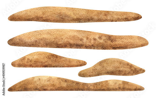 Brown sand. Watercolour illustrations of sand surfaces for creating decorative compositions. A set of pieces of earth for the design. Image isolated on a white background.