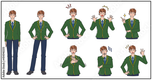 男子学生のポーズ、表情セット