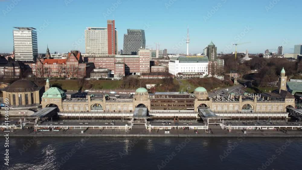 World famous St Pauli Landungsbrucken in the harbour of Hamburg - aerial view World famous St Pauli Landungsbrucken in the harbour of Hamburg - aerial view