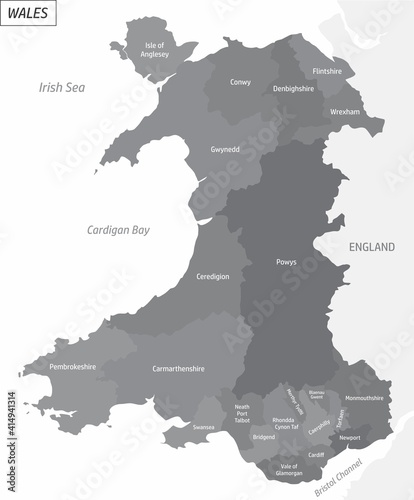 The Wales grayscale map divided in administrative areas with labels, UK photo