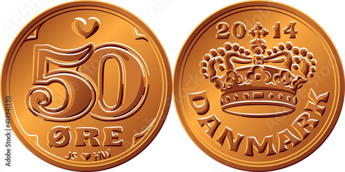 Obverse and reverse of Danish money tin-bronze 50 ore coin. Krone, official currency of Denmark, Greenland, and the Faroe Islands.