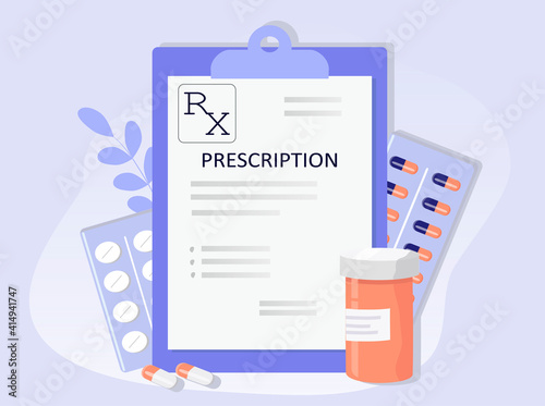 vector hand drawn illustration - prescription for medicines and jars and blisters with pills. picture on the topic of medicine and pharmacology. flat illustration for magazines, websites and apps