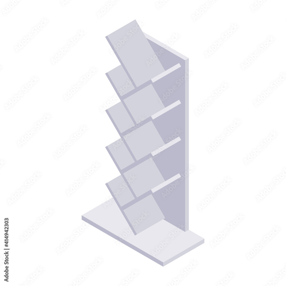 Bookshelf isometric - case and shelf for books for home and store interior design. Empty gray wooden furniture for home and shop storage in vector illustration. Bookshelf isometric - case and shelf for books for home and store interior design. Empty gray wooden furniture for home and shop storage in vector illustration.