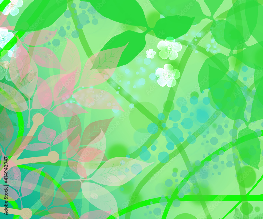Abstract backdrop composition with tropical plants, lianas, leaves, flowers Abstract backdrop composition with tropical plants, lianas, leaves, flowers