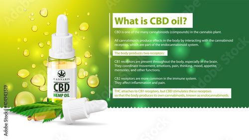 What is CBD oil, medical uses for cbd oil of cannabis plant, green poster with Glass transparent bottle of Medical cbd oil and hemp leaf