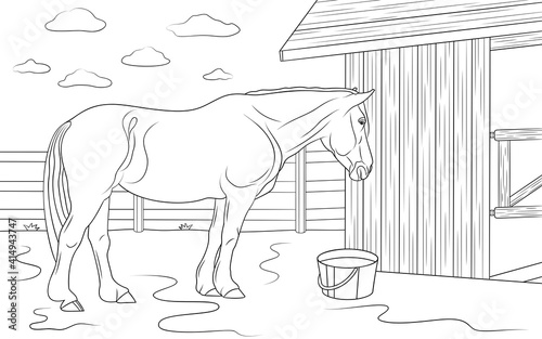 Horse is standing near its stable in outdoors. Illustration for coloring book.