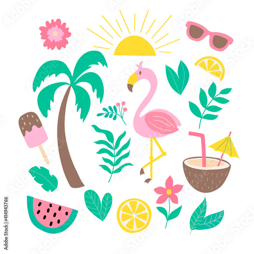 Set of tropical vector elements on a summer theme isolated on a white background. For the design of covers, prints for t-shirts, packages