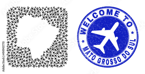 Vector mosaic Mato Grosso do Sul State map of airline items and grunge Welcome badge. Mosaic geographic Mato Grosso do Sul State map created as stencil from rounded square with sky jets.