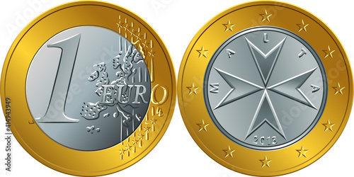 Obverse and reverse of Maltese money one euro coin with the image of Maltese cross