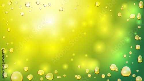 Cannabis oil gold bubbles on green blurred background, realistic vector effect. Blank template with oil drops in water, copy space and lava lamp effect