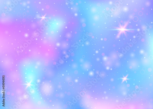 Magic background with rainbow mesh. Girlish universe banner in princess colors. Fantasy gradient backdrop with hologram. Holographic magic background with fairy sparkles, stars and blurs.