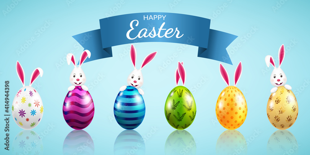 Obraz premium Easter card with bunnys and eggs. Set of eggs isolated on blue background.