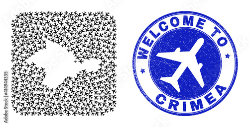 Vector mosaic Crimea map of airline items and grunge Welcome stamp. Collage geographic Crimea map constructed as carved shape from rounded square shape with airflights.