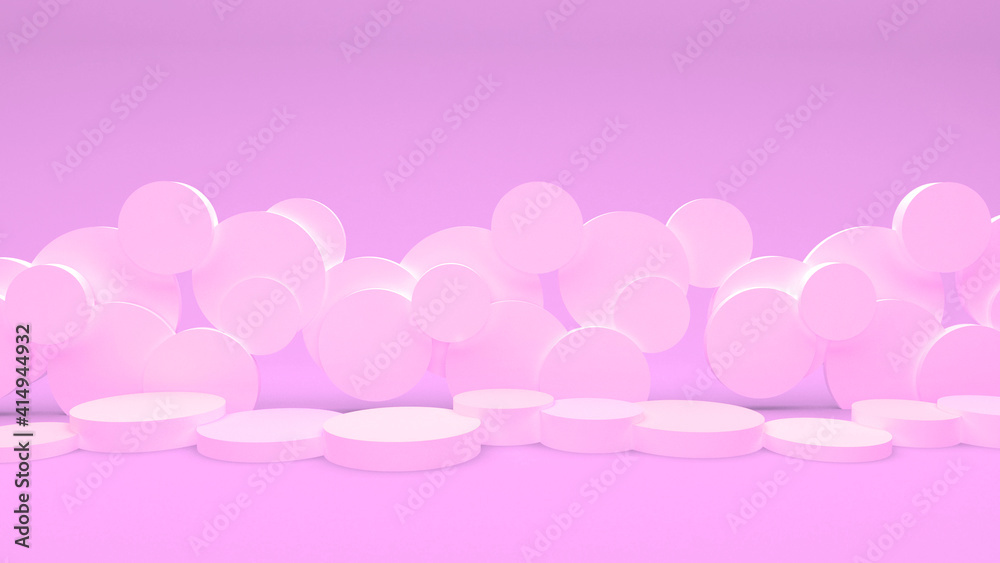 Round podiums. Pink stands for displaying products and merchandise. Pink cylinders on a pink background. 3d render.