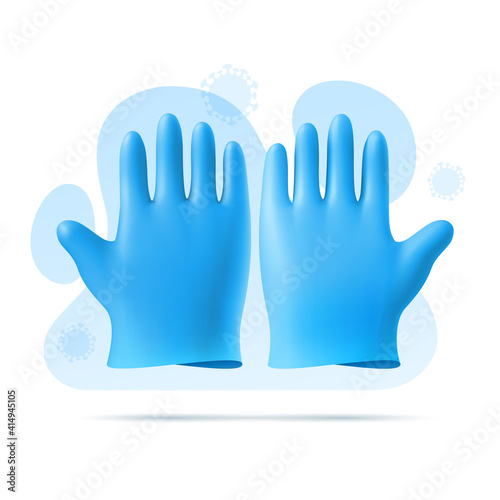 Blue rubber sterile medical, surgical gloves. 3D vector template on background of abstract shapes and virus. Personal protective equipment and prevention of disease, infection, bacteria