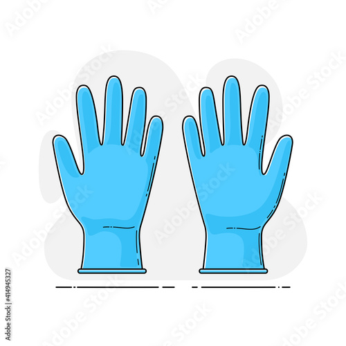 Medical sterile nitrile blue gloves in flat style with outline. Vector template of personal protective equipment against bacteria, infection for surgery, dentistry, beauty salon