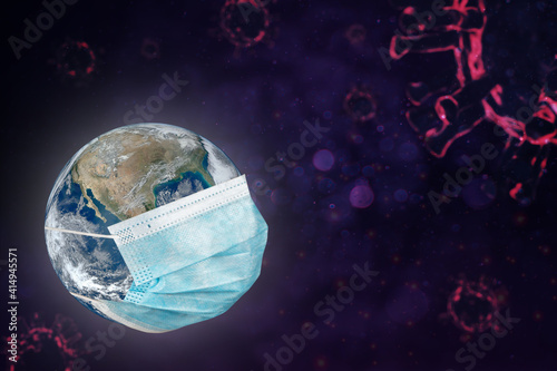 Fototapeta Naklejka Na Ścianę i Meble -  coronaviruses influenza concept COVID-19 3d rendering. Earth with face mask protect World medical .(world element image by nasa)