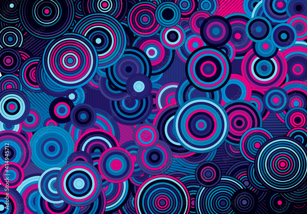 Abstract psychedelic background with circles and lines of various widths in retro optical illusion style.