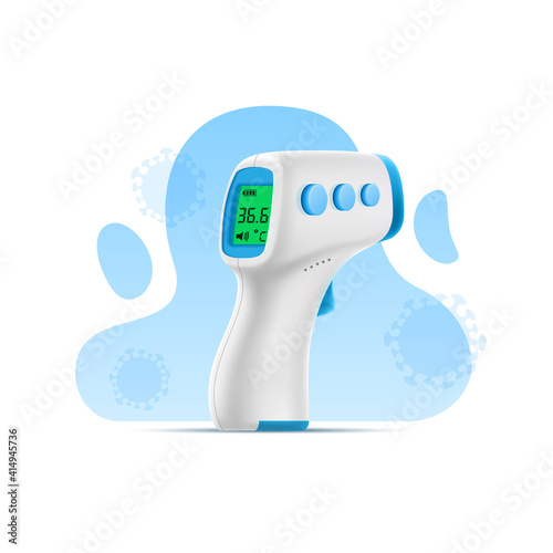 3D contactless infrared thermometer on background of abstract shapes and virus. Vector illustration of temperature measuring medical device. Covid pandemic and epidemic control concept