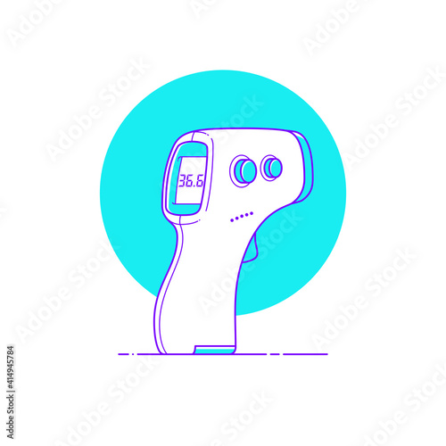 Electronic thermometer non-contact infrared gun line icon on blue circle background. Vector illustration of medical measuring device in flat style for infographic of preventing pandemic of coronavirus