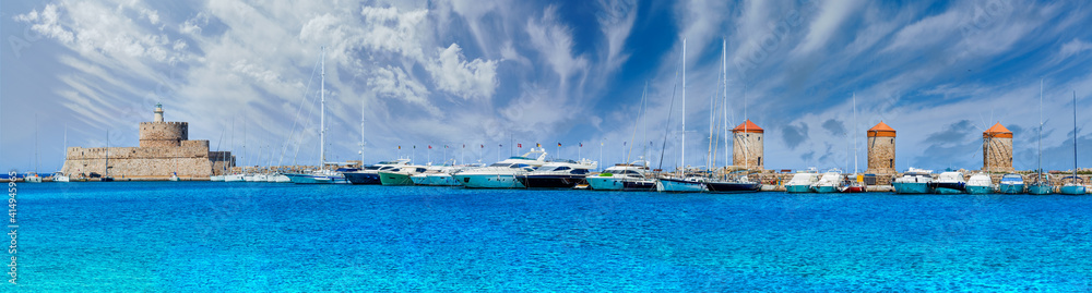 Fototapeta premium Landscape with Mandraki Harbour in Rhodes Island, Greece