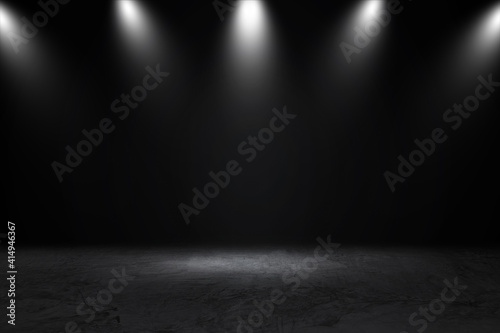 Product showcase with spotlight. Black studio room background. Use as montage for product display 