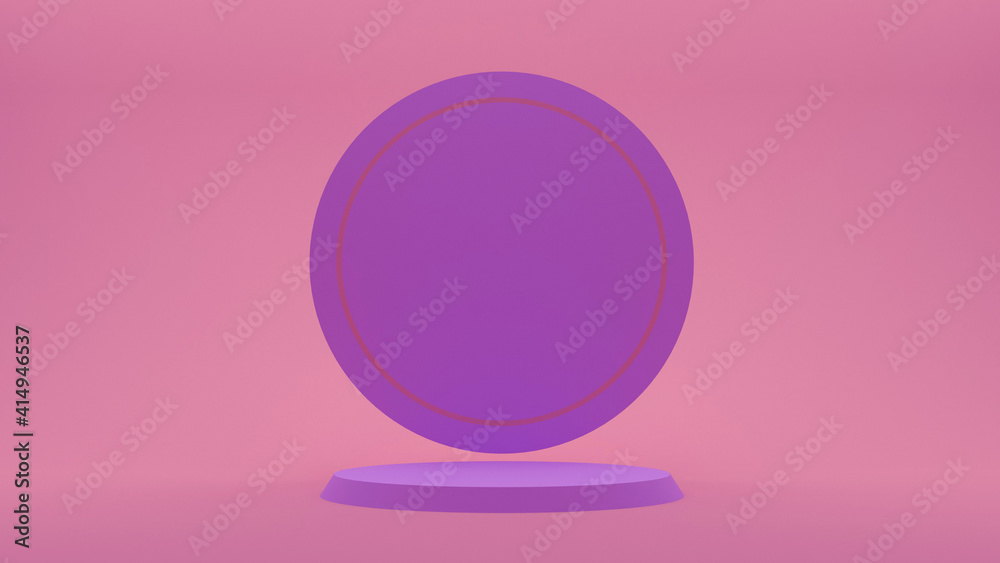 Demonstration stand. Round violet podium on a pink background. A pedestal for the winner. Banner for advertising. 3d render. Demonstration stand. Round violet podium on a pink background. A pedestal for the winner. Banner for advertising. 3d render.