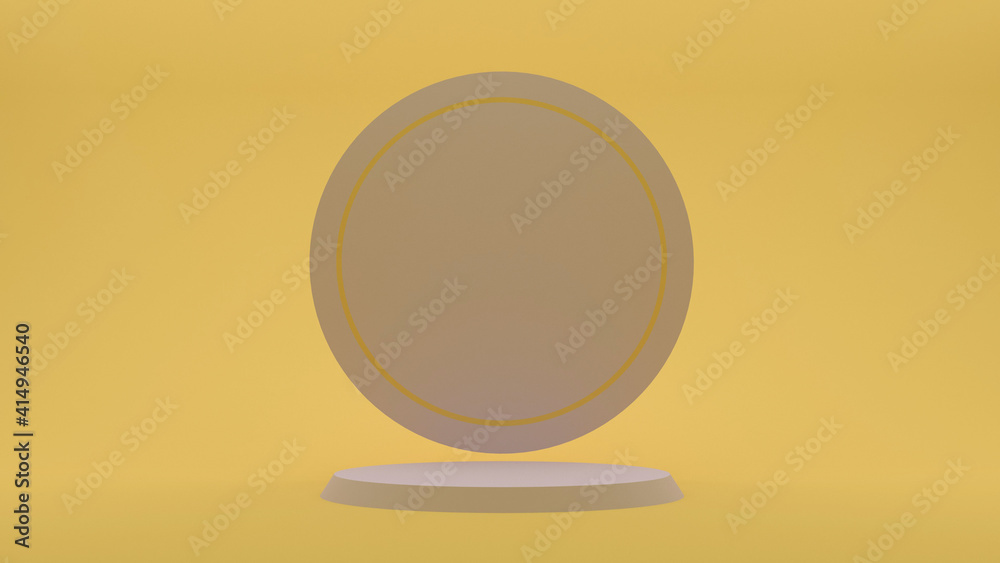 yellow demonstration stand. Round podium on a yellow background. A pedestal for the winner. Banner for advertising. 3d render.