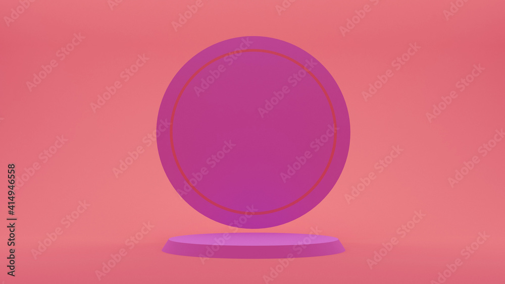 Demonstration stand. Round purple, pink podium on a pastel orange background. A pedestal for the winner. Banner for advertising. 3d render. Demonstration stand. Round purple, pink podium on a pastel orange background. A pedestal for the winner. Banner for advertising. 3d render.