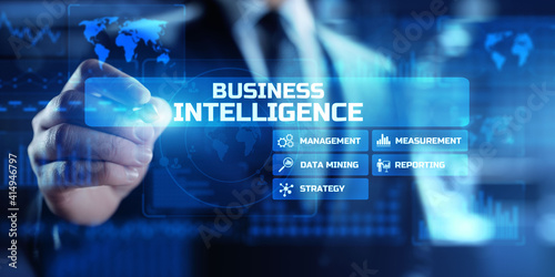 Business intelligence big data analytics dashboard on virtual screen.
