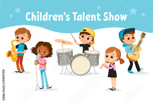 Cartoon kids, children, students playing music on musical instruments and singing. Musical activities for children. School music band, ensemble, musical group performing at school evening event party.
