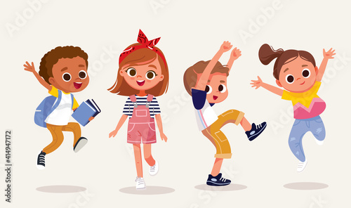 Set, group of 4 four happy children, kids in different poses, dressed in casual outfit clothes.Dancing, jumping boy, girl, children. Creative kids. Dancing studio.